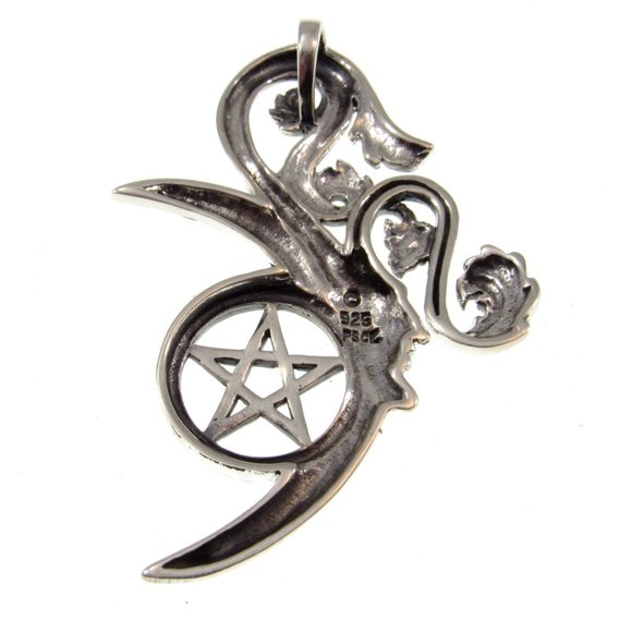 Solid 925 Sterling Silver Green Man Celtic Moon Pentacle Pendant by Peter Stone - Picture 5 of 5